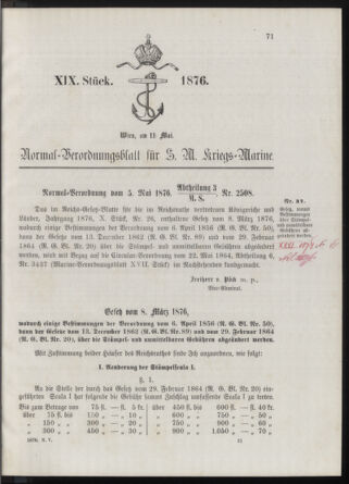 Kaiserlich-königliches Marine-Normal-Verordnungsblatt 18760511 Seite: 1