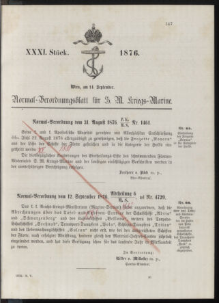 Kaiserlich-königliches Marine-Normal-Verordnungsblatt 18760914 Seite: 1