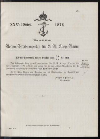 Kaiserlich-königliches Marine-Normal-Verordnungsblatt 18761016 Seite: 1