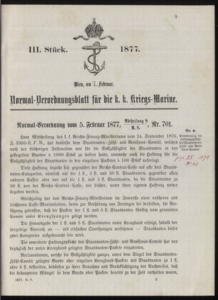 Kaiserlich-königliches Marine-Normal-Verordnungsblatt 18770207 Seite: 1