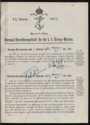 Kaiserlich-königliches Marine-Normal-Verordnungsblatt 18770228 Seite: 1