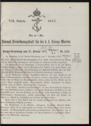 Kaiserlich-königliches Marine-Normal-Verordnungsblatt 18770307 Seite: 1