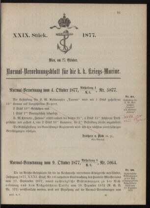 Kaiserlich-königliches Marine-Normal-Verordnungsblatt 18771027 Seite: 1