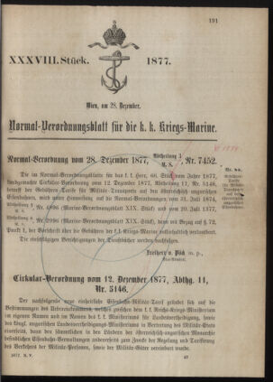 Kaiserlich-königliches Marine-Normal-Verordnungsblatt 18771228 Seite: 1