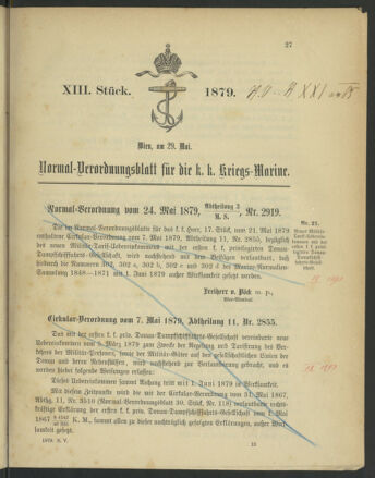 Kaiserlich-königliches Marine-Normal-Verordnungsblatt 18790529 Seite: 1