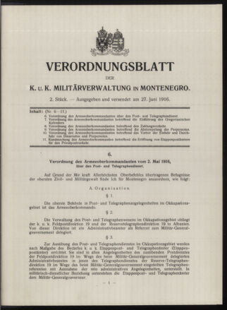 Verordnungsblatt der k.u.k. Militärverwaltung in Montenegro 19160627 Seite: 1