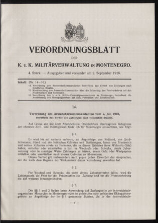 Verordnungsblatt der k.u.k. Militärverwaltung in Montenegro 19160902 Seite: 1