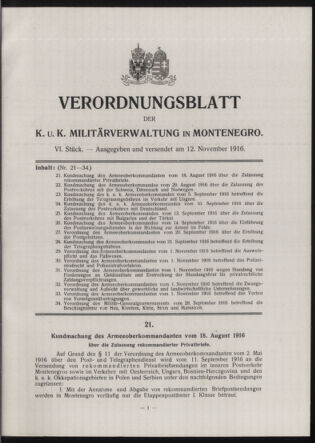 Verordnungsblatt der k.u.k. Militärverwaltung in Montenegro