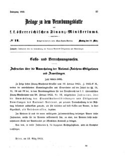 Verordnungsblatt für den Dienstbereich des K.K. Finanzministeriums für die im Reichsrate vertretenen Königreiche und Länder 18550319 Seite: 1