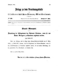 Verordnungsblatt für den Dienstbereich des K.K. Finanzministeriums für die im Reichsrate vertretenen Königreiche und Länder 18550327 Seite: 1