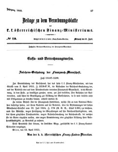 Verordnungsblatt für den Dienstbereich des K.K. Finanzministeriums für die im Reichsrate vertretenen Königreiche und Länder 18550418 Seite: 1