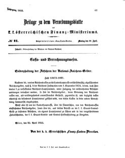 Verordnungsblatt für den Dienstbereich des K.K. Finanzministeriums für die im Reichsrate vertretenen Königreiche und Länder 18550430 Seite: 1