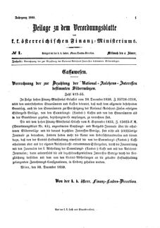 Verordnungsblatt für den Dienstbereich des K.K. Finanzministeriums für die im Reichsrate vertretenen Königreiche und Länder 18600104 Seite: 1