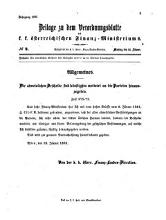 Verordnungsblatt für den Dienstbereich des K.K. Finanzministeriums für die im Reichsrate vertretenen Königreiche und Länder 18610121 Seite: 1