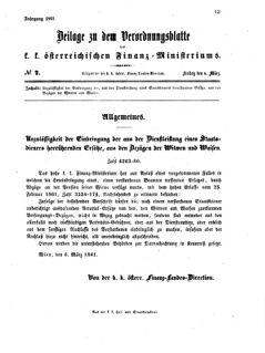 Verordnungsblatt für den Dienstbereich des K.K. Finanzministeriums für die im Reichsrate vertretenen Königreiche und Länder 18610308 Seite: 1