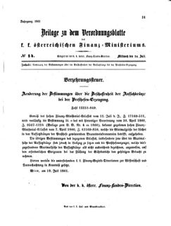 Verordnungsblatt für den Dienstbereich des K.K. Finanzministeriums für die im Reichsrate vertretenen Königreiche und Länder 18610724 Seite: 1