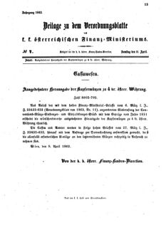 Verordnungsblatt für den Dienstbereich des K.K. Finanzministeriums für die im Reichsrate vertretenen Königreiche und Länder 18630411 Seite: 1