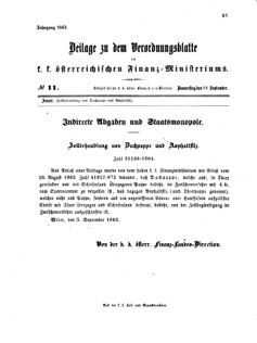 Verordnungsblatt für den Dienstbereich des K.K. Finanzministeriums für die im Reichsrate vertretenen Königreiche und Länder 18630910 Seite: 1