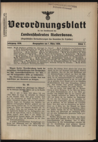 Verordnungsblatt für den Dienstbereich des niederösterreichischen Landesschulrates 19390301 Seite: 1