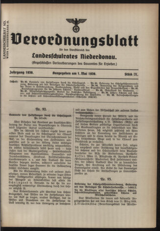 Verordnungsblatt für den Dienstbereich des niederösterreichischen Landesschulrates 19390501 Seite: 1