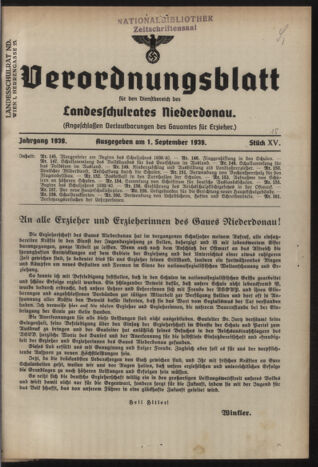 Verordnungsblatt für den Dienstbereich des niederösterreichischen Landesschulrates 19390901 Seite: 1