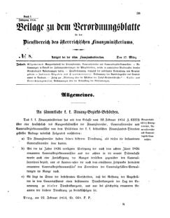 Verordnungsblatt für den Dienstbereich des K.K. Finanzministeriums für die im Reichsrate vertretenen Königreiche und Länder 18540317 Seite: 1