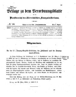 Verordnungsblatt für den Dienstbereich des K.K. Finanzministeriums für die im Reichsrate vertretenen Königreiche und Länder 18540406 Seite: 1