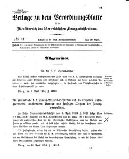 Verordnungsblatt für den Dienstbereich des K.K. Finanzministeriums für die im Reichsrate vertretenen Königreiche und Länder 18540420 Seite: 1