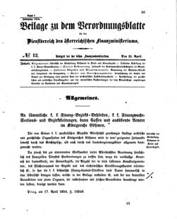 Verordnungsblatt für den Dienstbereich des K.K. Finanzministeriums für die im Reichsrate vertretenen Königreiche und Länder 18540423 Seite: 1