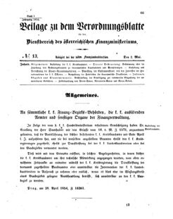 Verordnungsblatt für den Dienstbereich des K.K. Finanzministeriums für die im Reichsrate vertretenen Königreiche und Länder 18540502 Seite: 1