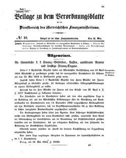 Verordnungsblatt für den Dienstbereich des K.K. Finanzministeriums für die im Reichsrate vertretenen Königreiche und Länder 18540522 Seite: 1