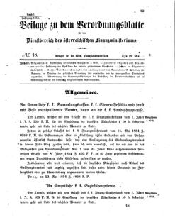 Verordnungsblatt für den Dienstbereich des K.K. Finanzministeriums für die im Reichsrate vertretenen Königreiche und Länder 18540529 Seite: 1