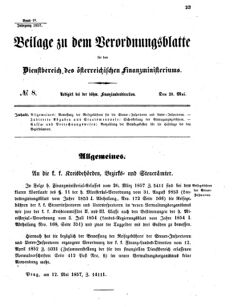 Verordnungsblatt für den Dienstbereich des K.K. Finanzministeriums für die im Reichsrate vertretenen Königreiche und Länder 18570528 Seite: 1