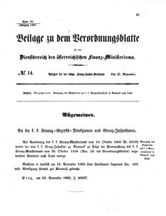 Verordnungsblatt für den Dienstbereich des K.K. Finanzministeriums für die im Reichsrate vertretenen Königreiche und Länder 18601127 Seite: 1