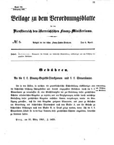 Verordnungsblatt für den Dienstbereich des K.K. Finanzministeriums für die im Reichsrate vertretenen Königreiche und Länder 18610406 Seite: 1