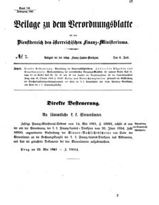 Verordnungsblatt für den Dienstbereich des K.K. Finanzministeriums für die im Reichsrate vertretenen Königreiche und Länder 18610706 Seite: 1