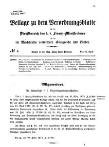 Verordnungsblatt für den Dienstbereich des K.K. Finanzministeriums für die im Reichsrate vertretenen Königreiche und Länder 18740410 Seite: 1