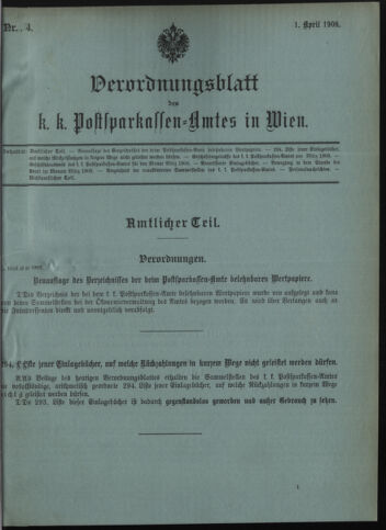 Verordnungsblatt des Postsparkassen-Amtes in Wien 19080401 Seite: 1