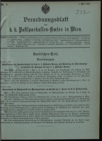 Verordnungsblatt des Postsparkassen-Amtes in Wien 19080501 Seite: 1