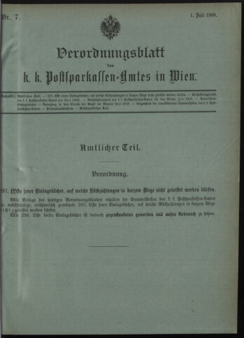 Verordnungsblatt des Postsparkassen-Amtes in Wien 19080701 Seite: 1