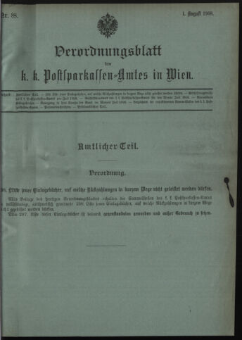 Verordnungsblatt des Postsparkassen-Amtes in Wien 19080801 Seite: 1