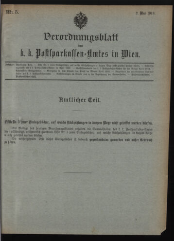 Verordnungsblatt des Postsparkassen-Amtes in Wien 19100502 Seite: 1