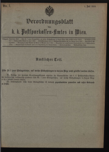 Verordnungsblatt des Postsparkassen-Amtes in Wien 19100701 Seite: 1