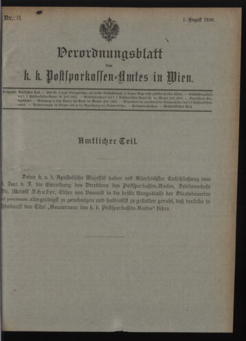 Verordnungsblatt des Postsparkassen-Amtes in Wien 19100801 Seite: 1