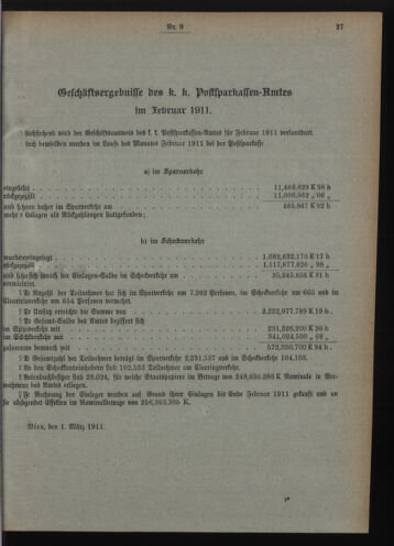 Verordnungsblatt des Postsparkassen-Amtes in Wien 19110301 Seite: 3