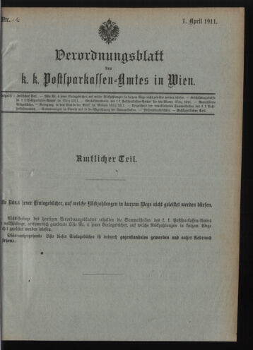 Verordnungsblatt des Postsparkassen-Amtes in Wien 19110401 Seite: 1