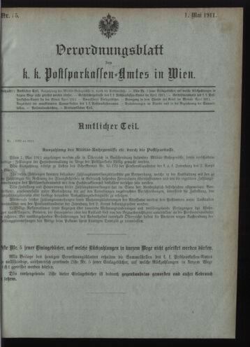 Verordnungsblatt des Postsparkassen-Amtes in Wien 19110501 Seite: 1