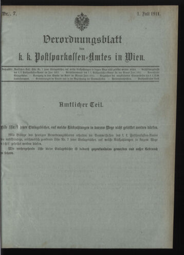 Verordnungsblatt des Postsparkassen-Amtes in Wien 19110701 Seite: 1