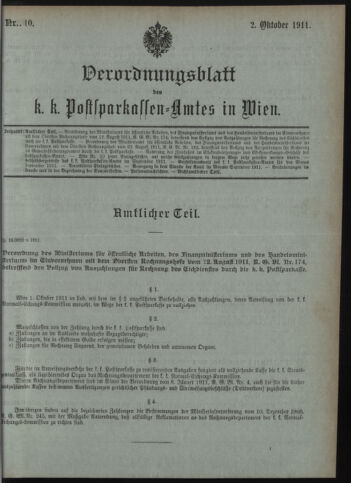 Verordnungsblatt des Postsparkassen-Amtes in Wien 19111002 Seite: 1