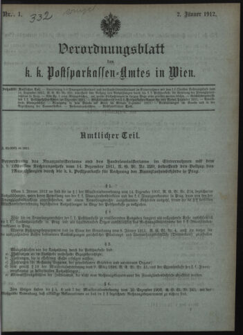 Verordnungsblatt des Postsparkassen-Amtes in Wien 19120102 Seite: 1